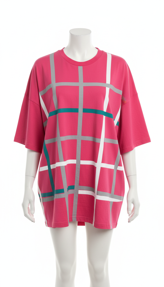 Signal Pink Grid Oversized T-shirt